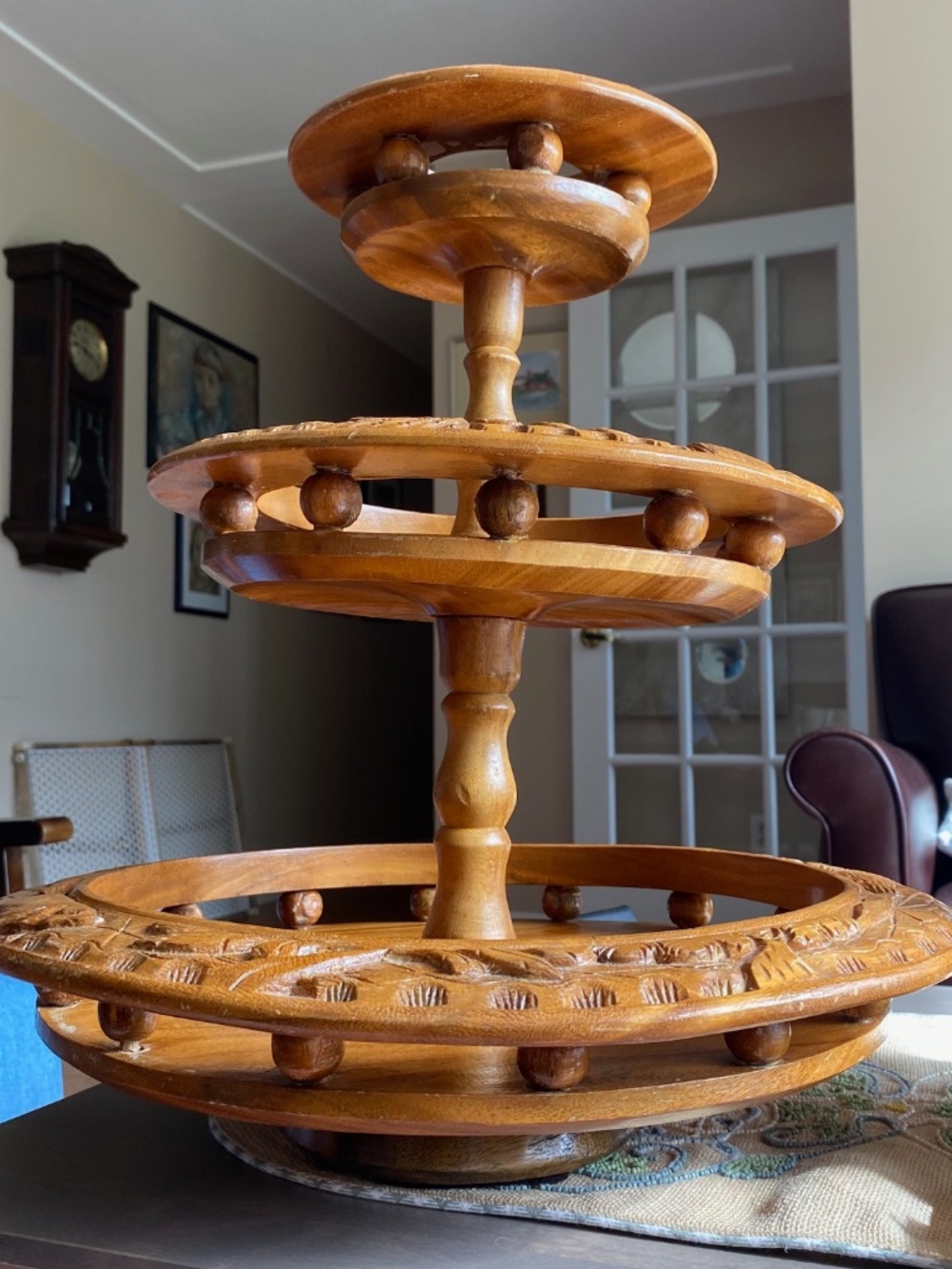 Vintage Lazy Susan Monkey Pod: 3 Tier Serving Trays, Hand Carved, Mid Century